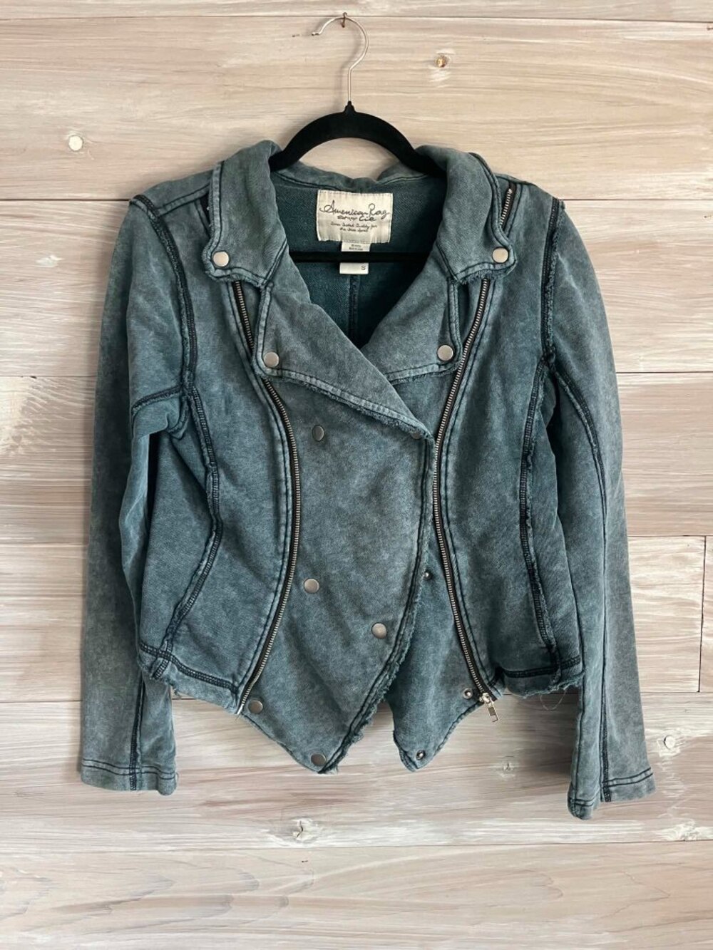 American Rag Distressed Asymmetrical Zipper and Snap Jacket Size Small